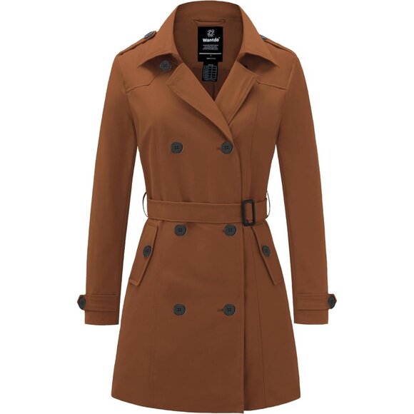 Women's Caramel Waterproof Trench Coat Classic Lapel Outerwear Coat with Belt - Picture 1 of 6